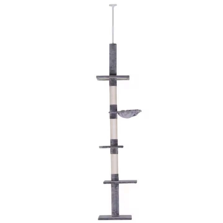 PawHut Árbol Rascador para Gatos 40x34x230-260 cm Árbol Escalador de Gato para Fijar al Techo Altura Ajustable con Plataformas Hamaca y Postes de Sisal Beige - 1