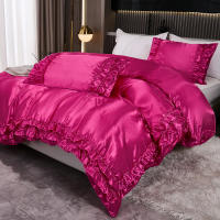 Set De Edredón Satinado 3PCS Colores Blanco Khaki Y Rosa Seda Suave Con Volantes Estilo Moderno Para Cama Conjunto De Ropa De Cama - details 15