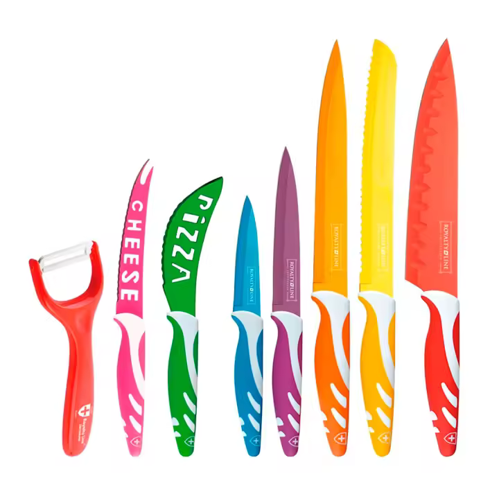 Juego de 7 cuchillos revestidos con cerámica y 1 pelador cerámico | Cuchillos con mangos ergonómicos antideslizantes con recubrimiento antiadherente | Aptos para lavavajillas | Lámina de acero inoxidable esmaltado | Colores diferentes | RevolutionLine - 1