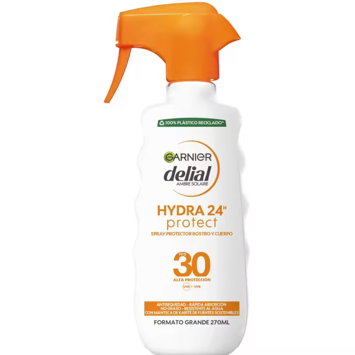 Garnier Delial Spray Protector SPF 30+ HYDRA 24 Protect Muy Alta Protección Resistente al Agua, Fórmula Hidratante No Grasa con Manteca de Karité de Fuentes Sostenibles Para una Piel Protegida, Hidratada y Suave 270 ml. - 1