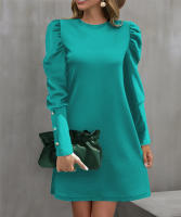 Vestido De Manga Larga Redonda Con Mangas Flotantes Y Botones Para Mujer Estilo Oficina Dama Longitud De Rodilla Poliéster Elástico Suave - details 15
