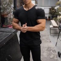 Camiseta De Hombre Con Cuello En V Y Manga Corta Para Fitness Y Gimnasio Verano Estilo Casual Color Sólido Moda Slim Fit - details 4