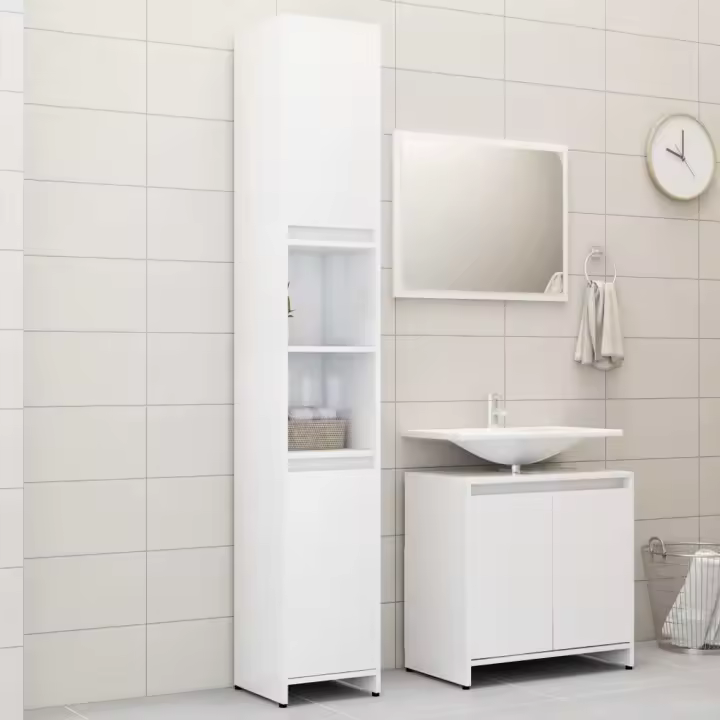 vidaXL Set de muebles baño 3 pzas madera contrachapada roble marrón en color Marrón roble/Negro/Blanco brillante y más | almacenamiento funcional diseño moderno para baño dormitorio sala - 1