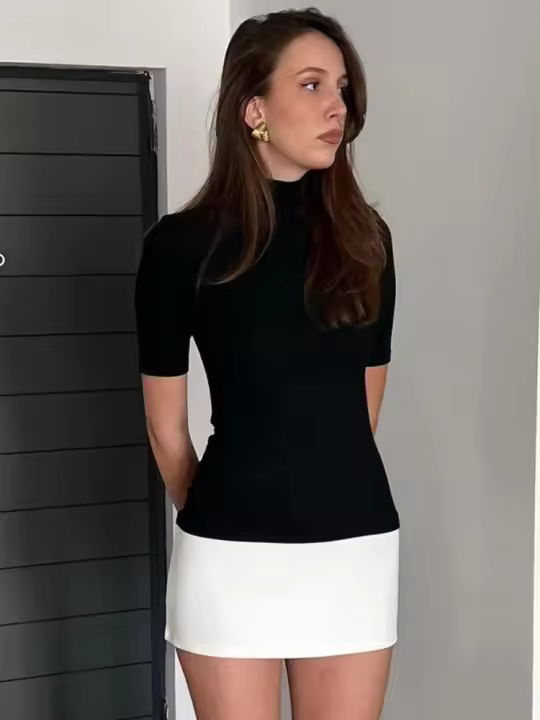 Vestido Bodycon Para Mujer De Color Contraste Verano Cuello Alto Manga Corta Mini Estilo Elegante Y2k Streetwear Vestidos Para Mujer - 1