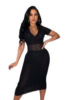 Vestido Midi Bodycon De Mujer Con Cuello En V Y Manga Corta Tejido En Knit Para Fiesta Y Calle Moda 2024 Vestido De Noche - details 6
