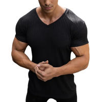 Camiseta De Hombre Con Cuello V Y Manga Corta Para Fitness Y Gimnasio Estilo Slim Fit Tejido Algodón Sólido Moda Verano - details 6