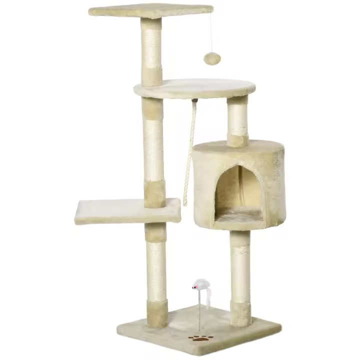 PawHut Árbol para Gatos Rascador 116 cm de 4 Pisos con Poste para Arañar Cueva Espaciosa Múltiples Plataformas Juguetes Divertidos 40x40x116 cm Beige - 1