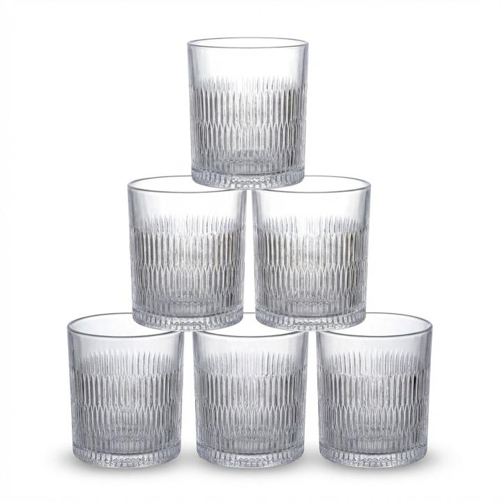 SANTA CLARA | Set 6 Vasos de Cristal 35cl Tallado para Agua y Vaso para Whiskey, Modelos Aberdeen, Highland, Oban y Skye, Vasos Bajos de Vidrio Transparente, Aptos Lavavajillas y Microondas