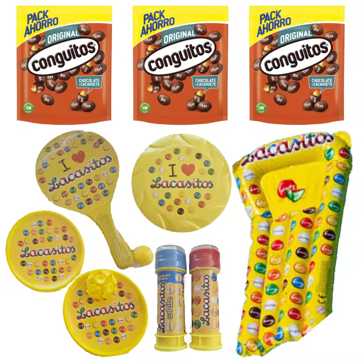 Pack vacaciones Lacasitos y Conguitos:3 negro doyPack 350g,palas con ventosa y con pelota , pompero,frisbee y colchoneta - 1