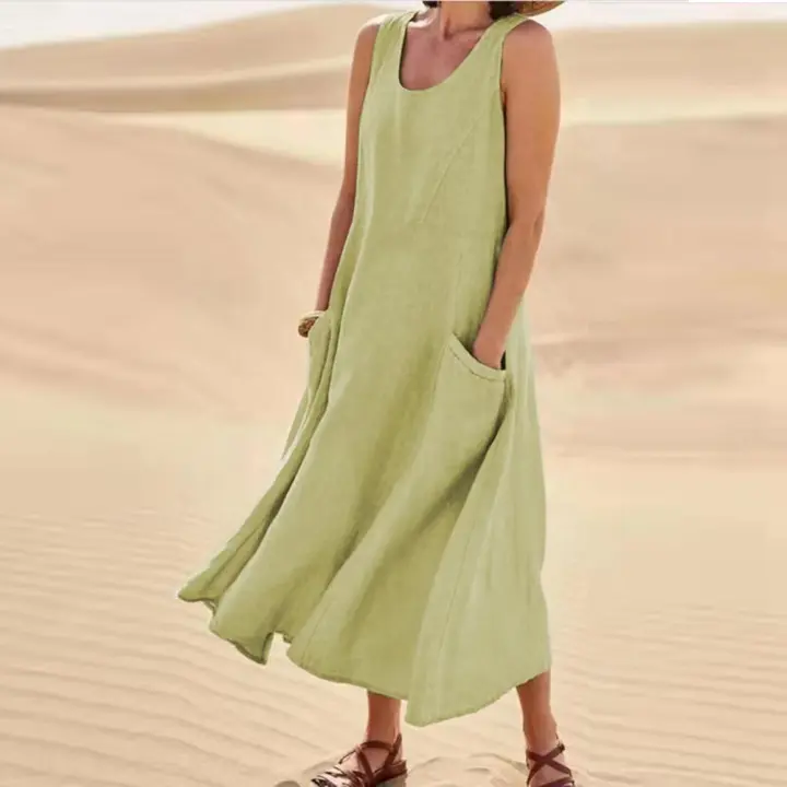 Vestido Sin Mangas De Algodón Y Lino Para Mujer Vestido De Verano Casual Cuello En V Largo Hasta La Rodilla Con Bolsillos - 1