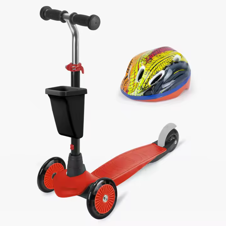 SET de Patinete infantil 3 Ruedas Ryder Choose your color Rojo con cesta y LUZ en las ruedas  y Casco Regalo con print de tendencia(4195) Scooter 3 ruedas frontales, montaje con un solo click. Ligero, resistente, máxima calidad. +2 años. - 1