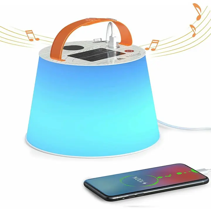 Linterna multifuncional para acampar al aire libre: carga solar y USB, banco de energía integrado y altavoz Bluetooth, luz ambiental LED RGBW - 1