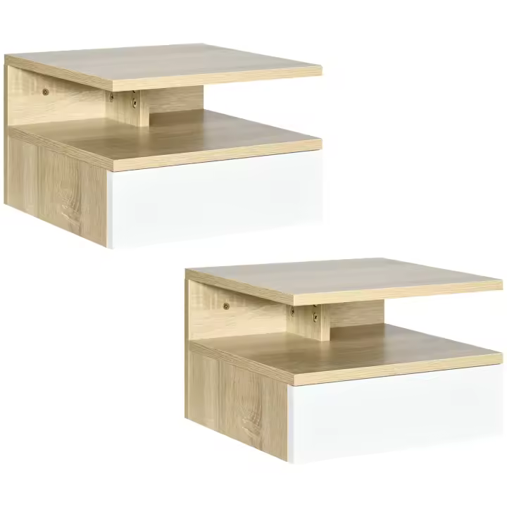 HOMCOM Set de 2 Mesitas de Noche Flotantes Mesillas de Noche de Pared con 1 Cajón y Estante Abierto Diseño Moderno para Dormitorio 35x32x22,5 cm - 1