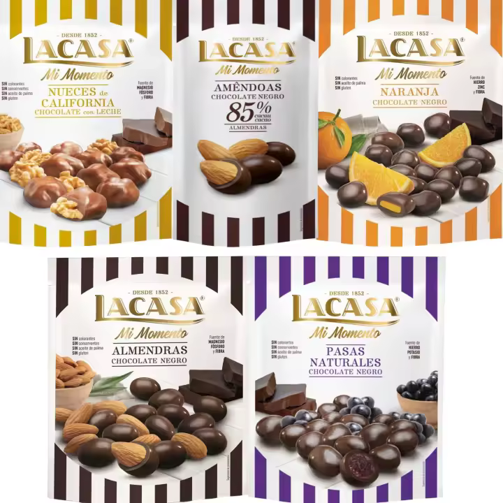 Lacasa Mi Momento pack de 5:Almendra 85% 65G,Nueces Leche 115G,Pasas choco Negro 150G,Almendra choco Negro 125G,Naranja choco Negro 125G - 1