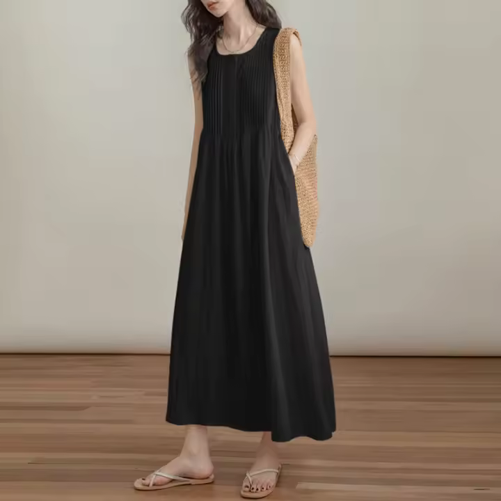 Vestido Largo Sin Mangas De Verano ZANZEA Estilo Coreano Suelto Con Pliegues Para La Playa Vestido Casual De Playa A-Line Para Mujer - 1