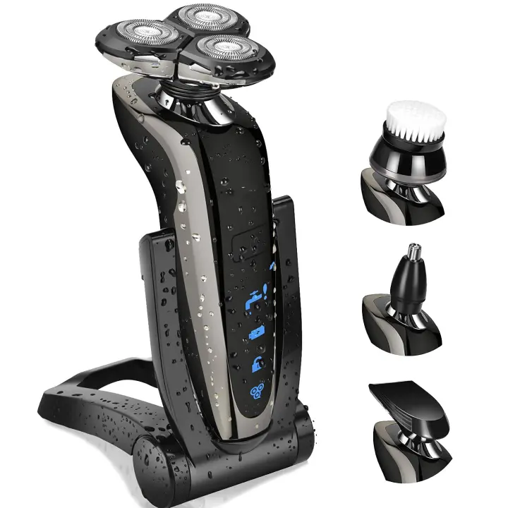 Afeitadora eléctrica para hombres, afeitadora rotativa resistente al agua, recargable, con recortador de nariz, patillas, cepillo de limpieza facial - 1