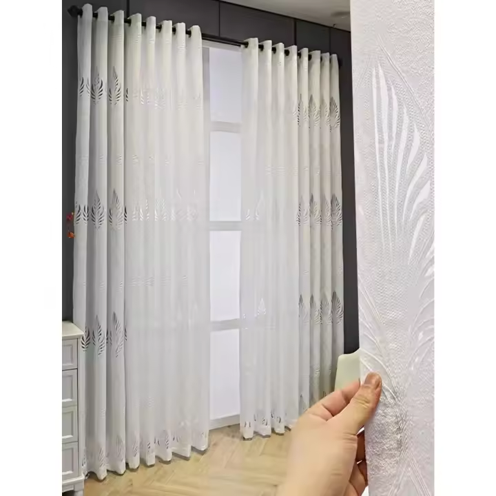 Cortinas De Encaje Europeas 1PC Estilo Moderno Sencillo Para Sala De Estar Y Dormitorio Translúcidas Con Patrón Geométrico - 1