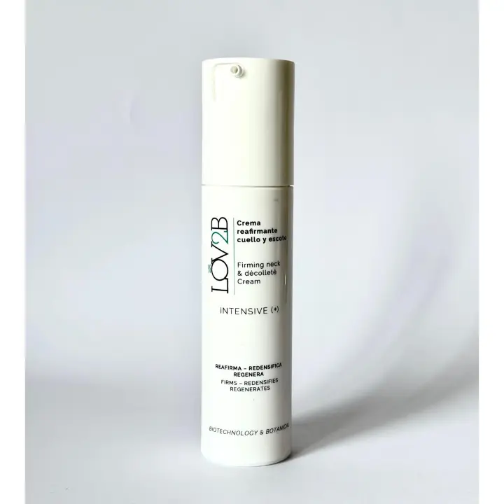 LOV2B Cuello & Escote Reafirmante. Reduce las arrugas, disminuye la flacidez, unifica el tono de la piel del escote e ilumina. Con 6 activos biotecnológicos de última generación (células madre, EGF, Péptidos biomiméticos y activadores mitocondriales). - 1