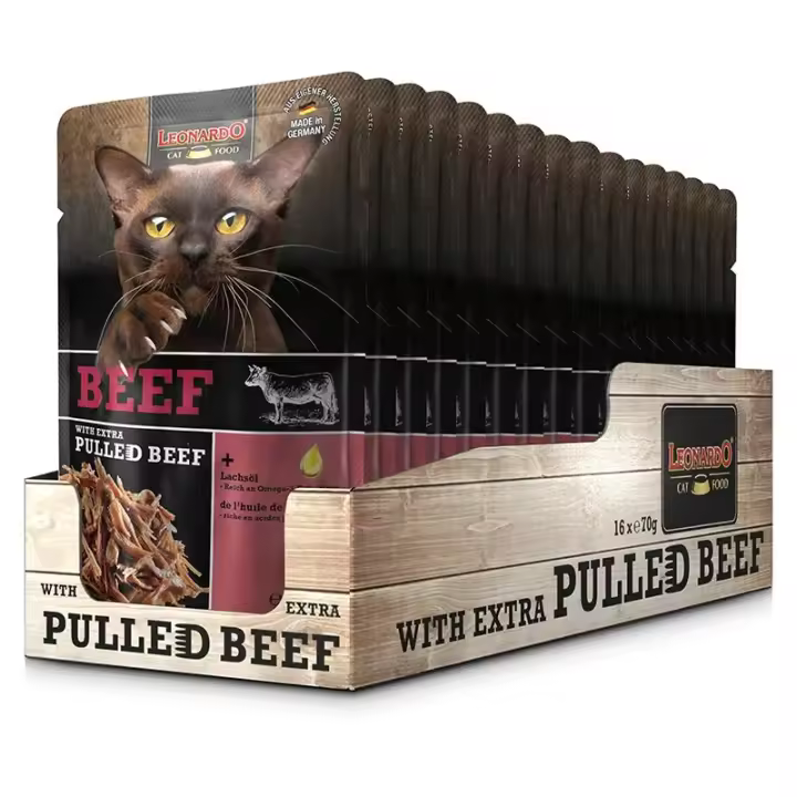 Leonardo Pulled Beef Sobres de Paté Combinado con Carne Desmenuzada - Comida Húmeda para Gatos (packs de 16 sobres x 70gr) - ¡Alimenta a tu gato con deliciosa y nutritiva comida húmeda! - 1