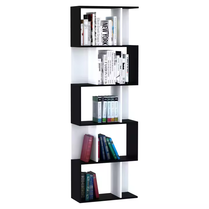 HOMCOM Librería de 5 Niveles, Estantería para Libros en Forma de S con 10 Estantes, para Sala de Estar, Dormitorio, Estudio, Oficina, 60x24x184,5 cm, Blanco y Negro - 1