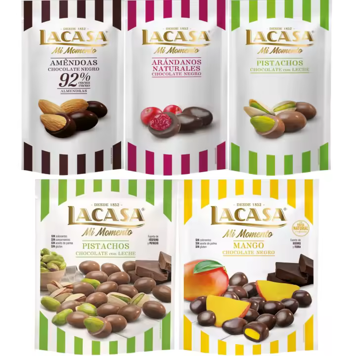 Lacasa Mi Momento pack de 5:Arándano  Negro 60 G,Pistacho  Leche 50 G,Almendra 92% 65 G,Pistacho  Leche 100 G,Mango  Negro 115 G - 1