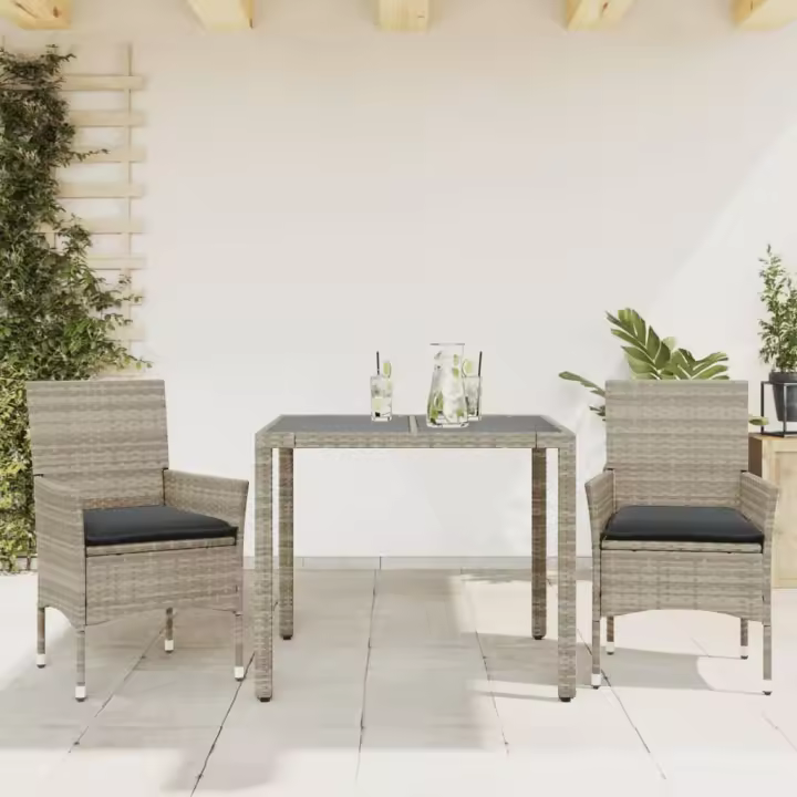 vidaXL Set comedor jardín 3 pzas y cojines ratán PE vidrio gris claro - 1