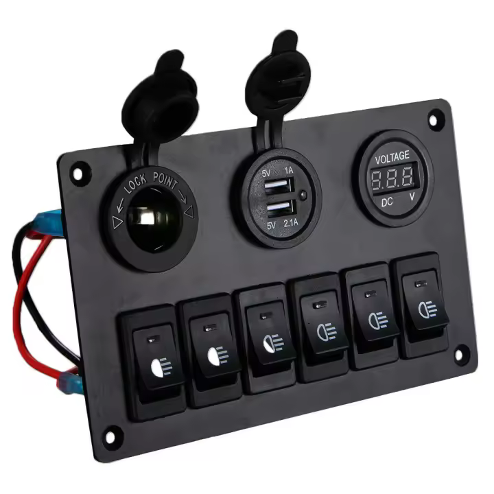 Panel de Interruptor de 6 Ganchos con Voltímetro Digital LED Cargador USB Dual Encendedor de Luz - 1