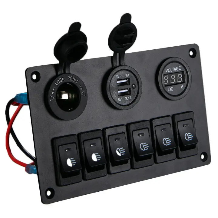 Panel de Interruptor de 6 Ganchos con Voltímetro Digital LED Cargador USB Dual Encendedor de Luz - 1