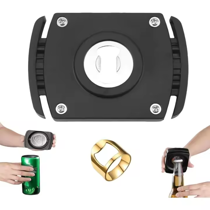 Abridor de botellas multifuncional, abrelatas portátil de aluminio, abrelatas manual de corte lateral con borde liso para cerveza y refrescos (Negro-2) - 1