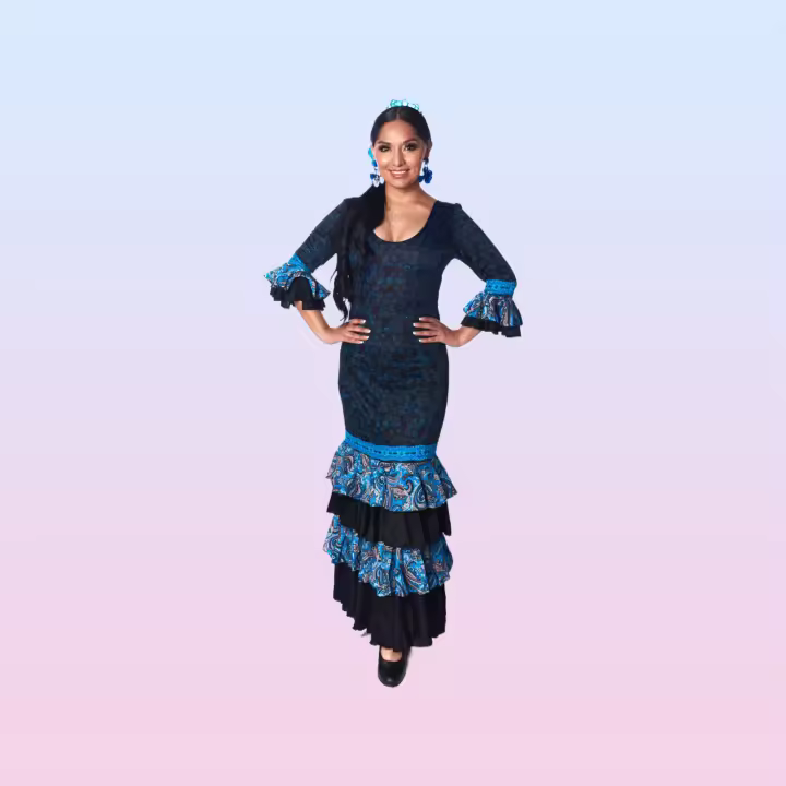 Vestido flamenco de mujer con manga 3/4, 4 volantes con estampado cachemir - 1