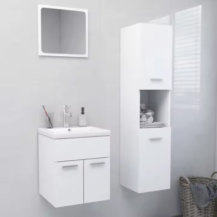 vidaXL Juego de muebles de baño madera de ingeniería en color Blanco/Blanco brillante/Gris hormigón y más | almacenamiento funcional diseño moderno para baño dormitorio sala - 1
