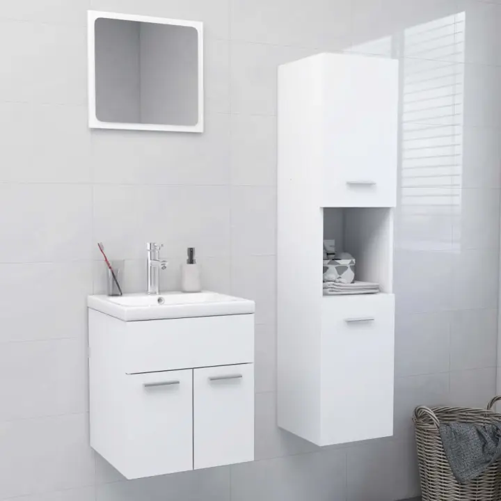 vidaXL Juego de muebles de baño madera de ingeniería en color Blanco/Blanco brillante/Gris hormigón y más | almacenamiento funcional diseño moderno para baño dormitorio sala - 1
