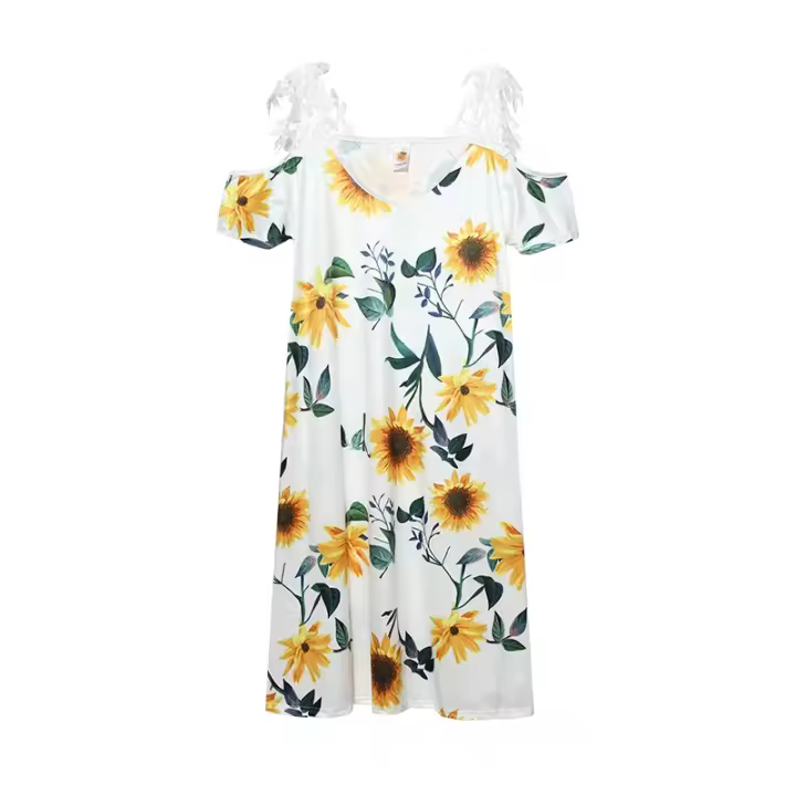 Nuevo Vestido Impreso De Verano Para Mujer Hombros Descubiertos Con Encaje Manga Corta Largo Hasta La Rodilla Estilo Casual - 1