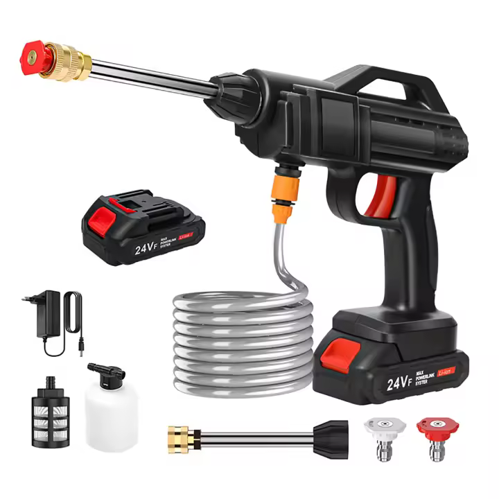 21V 600W alta potencia 30bar alta presión boquilla de lavado de coches 4 L/min flujo de agua enviar doble boquilla (0 ° columna fuerte + 40 ° ventilador de gran angular) Conveniente uso doméstico inalámbrico máquina de lavado de coches - 1