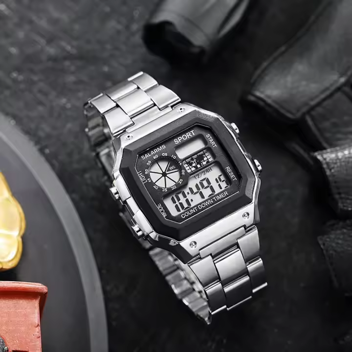 Reloj Deportivo De Lujo Para Hombre YIKAZE Con Correa De Acero Inoxidable Resistente Al Agua Y Luz LED Mostrador Digital Estilo Militar - 1