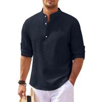 Camisa Larga Para Hombre Estilo Europeo Y Americano Cuello Erguido Botones Parcialmente Abiertos Casual Pirul Plaid Otoño - details 0