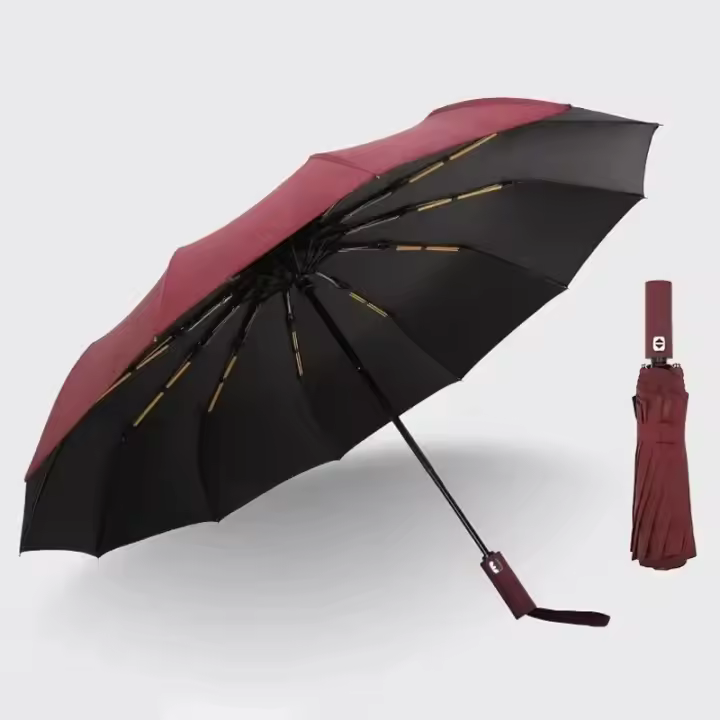 Paraguas Plegable Automático De 12 Rayas Negro Resistente Al UV Con Tela Gruesa Y Duradera Tipo Trípode Para Protección Contra El Sol Y Lluvia - 1
