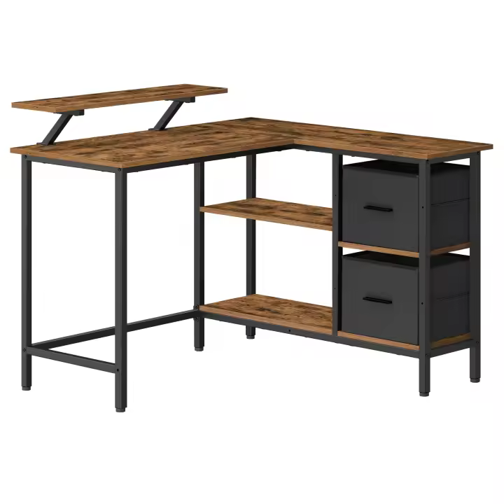 VASAGLE Escritorio en Forma de L con 2 Amplios Cajones, Escritorio para Juegos con Soporte para Monitor, para Esquina, con Estante de Almacenaje Ajustable, para Oficina Casa, Marrón Rústico/Negro Ébano - 1