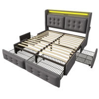 Cama Doble Tapizada 140x200 cm Gris Algodón-Cabecera LED with Carga USB Typo-C, 4 Cajones de Almacenamiento, Base de Listones de Madera + Marco Metálico Robust (300 kg de Carga, con Colchón Includo - details 1