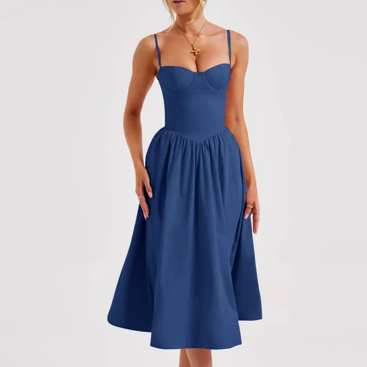 Vestido Midi Elegante De Verano Para Mujer Con Tirantes Spaghetti Sin Mangas A-Line De Corte Ancho Para Fiestas Y Noches - 1