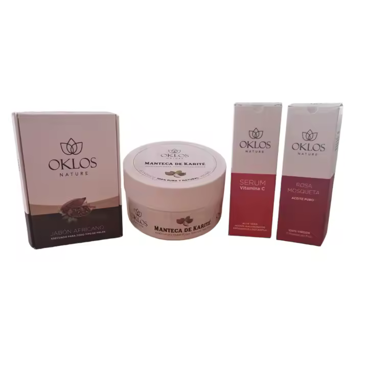 Pack Belleza Natural Oklos - Sérum Vitamina C + Aceite Puro Rosa Mosqueta + Manteca de Karité + Jabón Negro Africano - 1