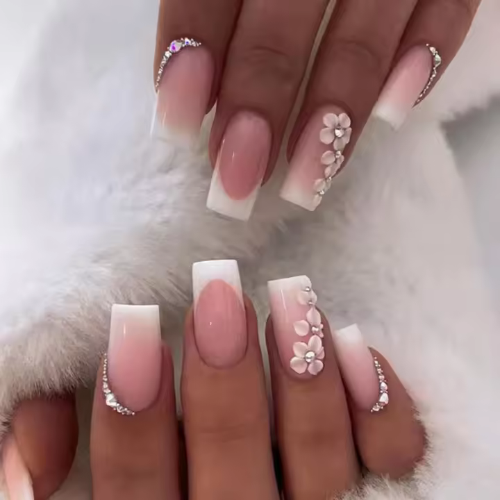 24 uñas postizas Blancascon Punta cuadrada, uñas adhesivas con Flores y Diamantes de imitación, uñas postizas extraordinarias con pegamento, accesorios para decoración de uñas para Niñas. - 1