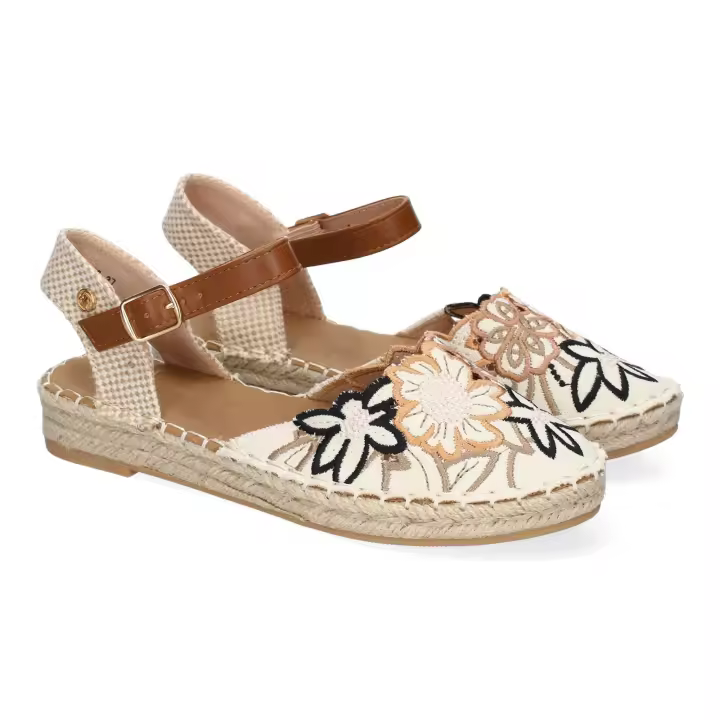PuntoSalao Sandalias planas en yute flores bordadas mujer color negro FB-3466 - 1