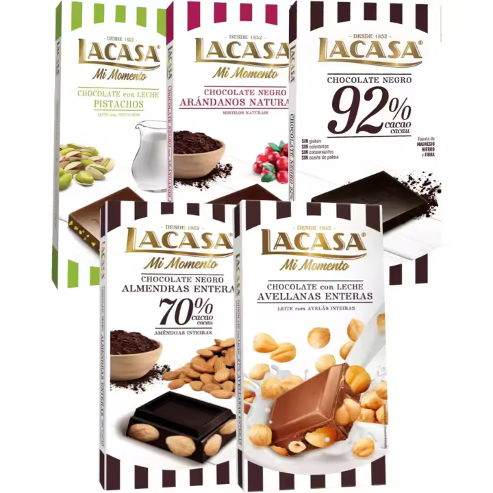 Lacasa pack 5 tabletas de chocolate:leche avellanas , arándanos ,leche pistacho 90g ,cacao 92% , almendra 200g - 1