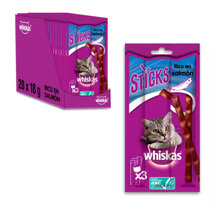 Whiskas Premios para Gatos en forma de Sticks Sabor Salmón (Pack de 28 x 18g) - 1