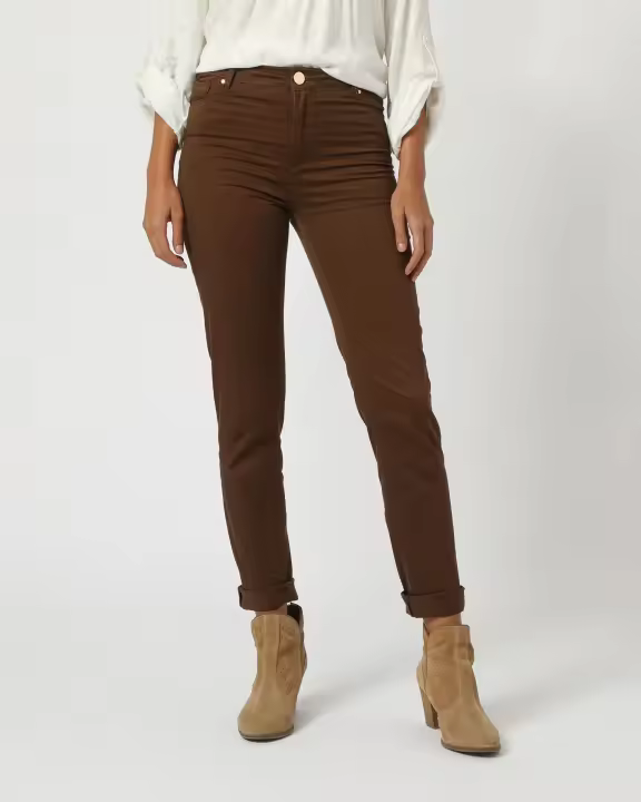 Pantalón mujer recto, jeans, outfit algodón diseño liso, bolsillos delanteros y traseros, cintura con trabillas, botón dorado, cierre cremallera, color marrón, talla 38, cómodo, versátil ✅Entrega 24/48h - 1