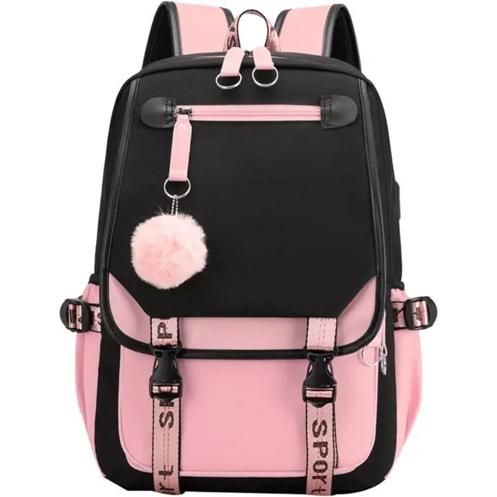 Mochila para niñas adolescentes Mochila para estudiantes de secundaria Mochila para exteriores con puerto de carga USB Negro Rosa - 1