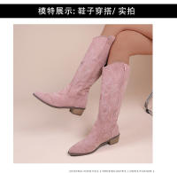 Botas De Vaquero Bordadas Para Mujer Con Punta Puntiaguda Y Tacón Grueso Botas Largas De PU Cuero Falso Botas De Rodilla Alta Para Otoño - details 2