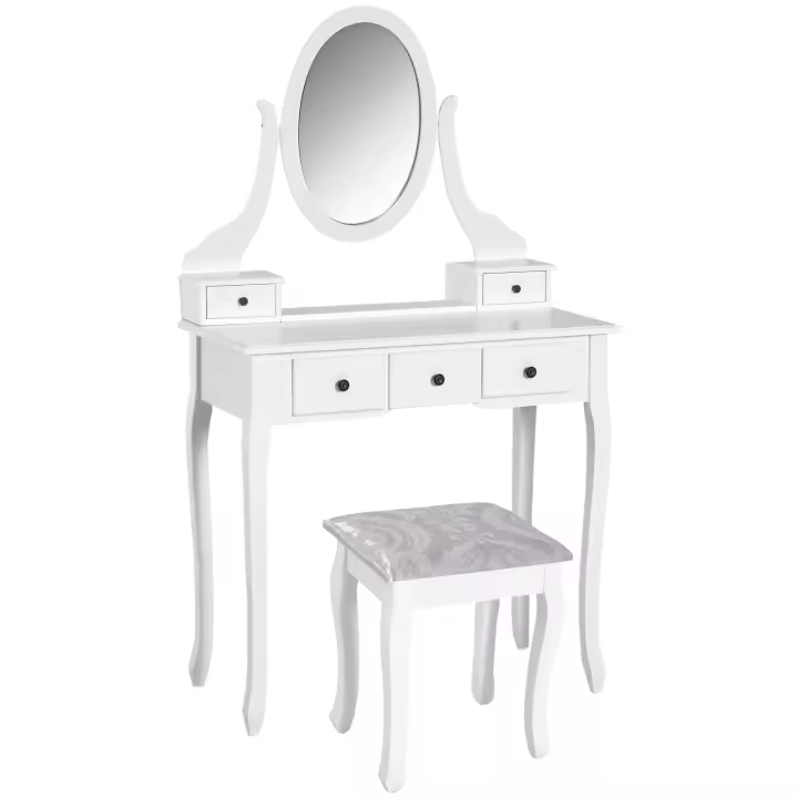HOMCOM Tocador + Taburete y Espejo Mesa Maquillaje 5 Cajones Blanco Mesa MDF (Blanco) - 1
