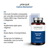 Calcio, Magnesio y Vitamina D -  800mg Carbonato de Calcio -  Huesos, Dientes y Músculos - Suplemento de Calcio con Magnesio y Colecalciferol - 90 Comprimidos Veganos Calcium Elements Nutralie - details 1